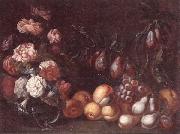 Still life of Roses and convulvuli in a Glass vase,Together with peaches,grapes,pears and plums